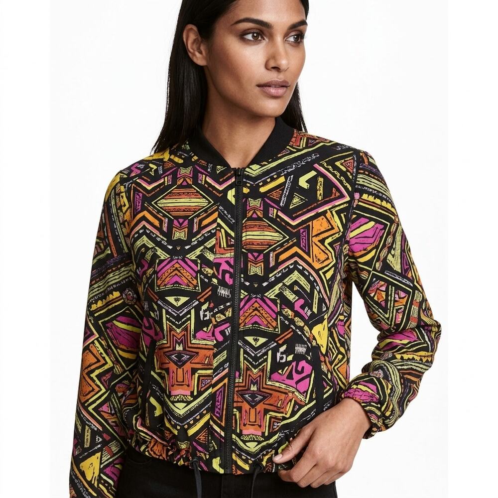 H&M Coachella Multicolor Graphic Print Bomber Jacket Women Size 4